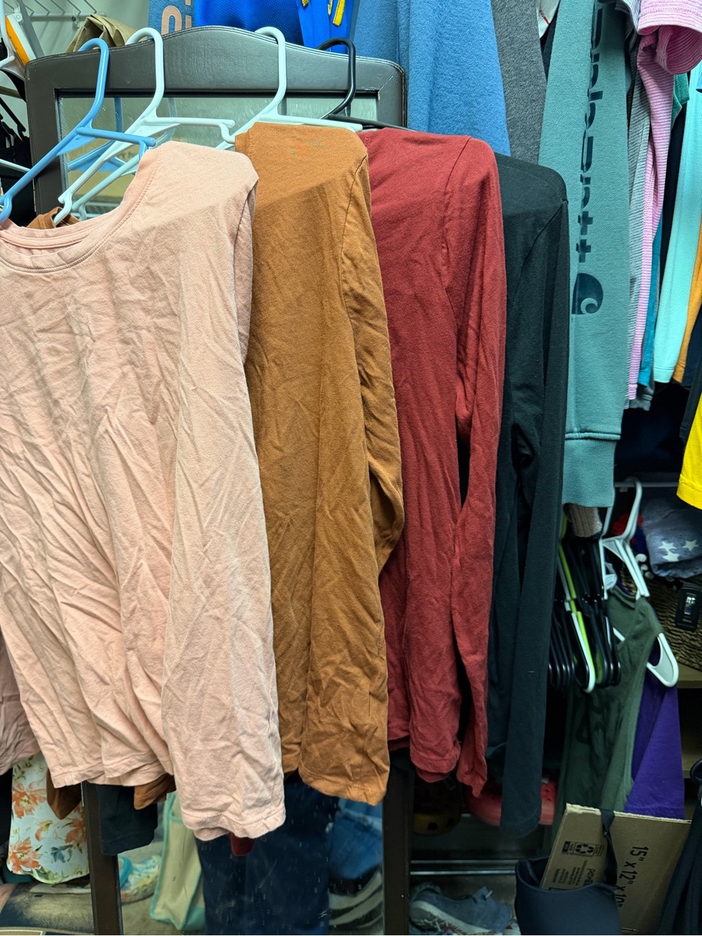 Time and Tru Long-Sleeve Crewneck Top Trio in Blush, Rust, and Black